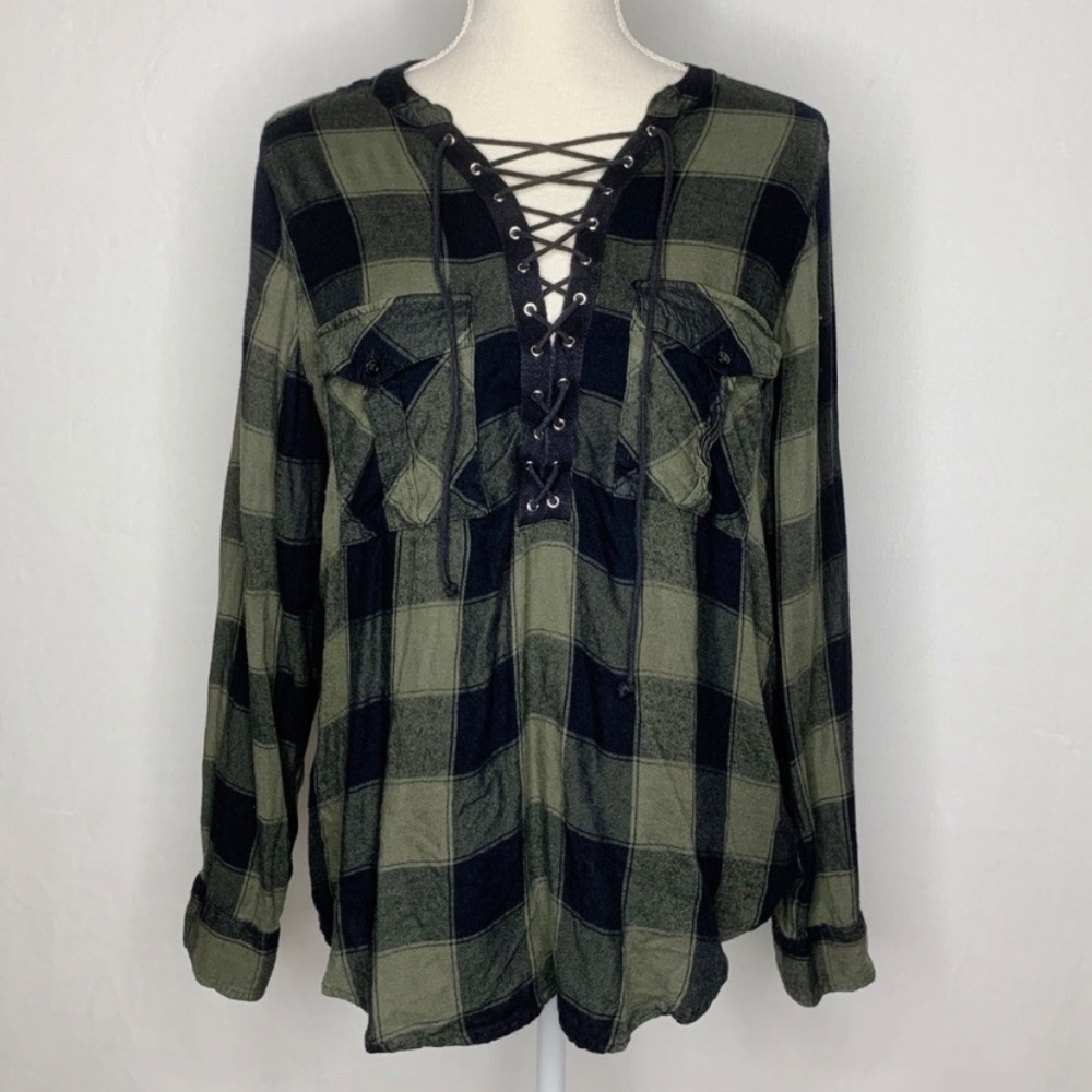 Express Lace Up Plaid Long Sleeve Blouse Top